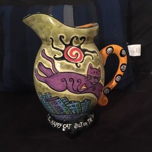 Happy Cat Water Pitcher 9” Tall Collectible